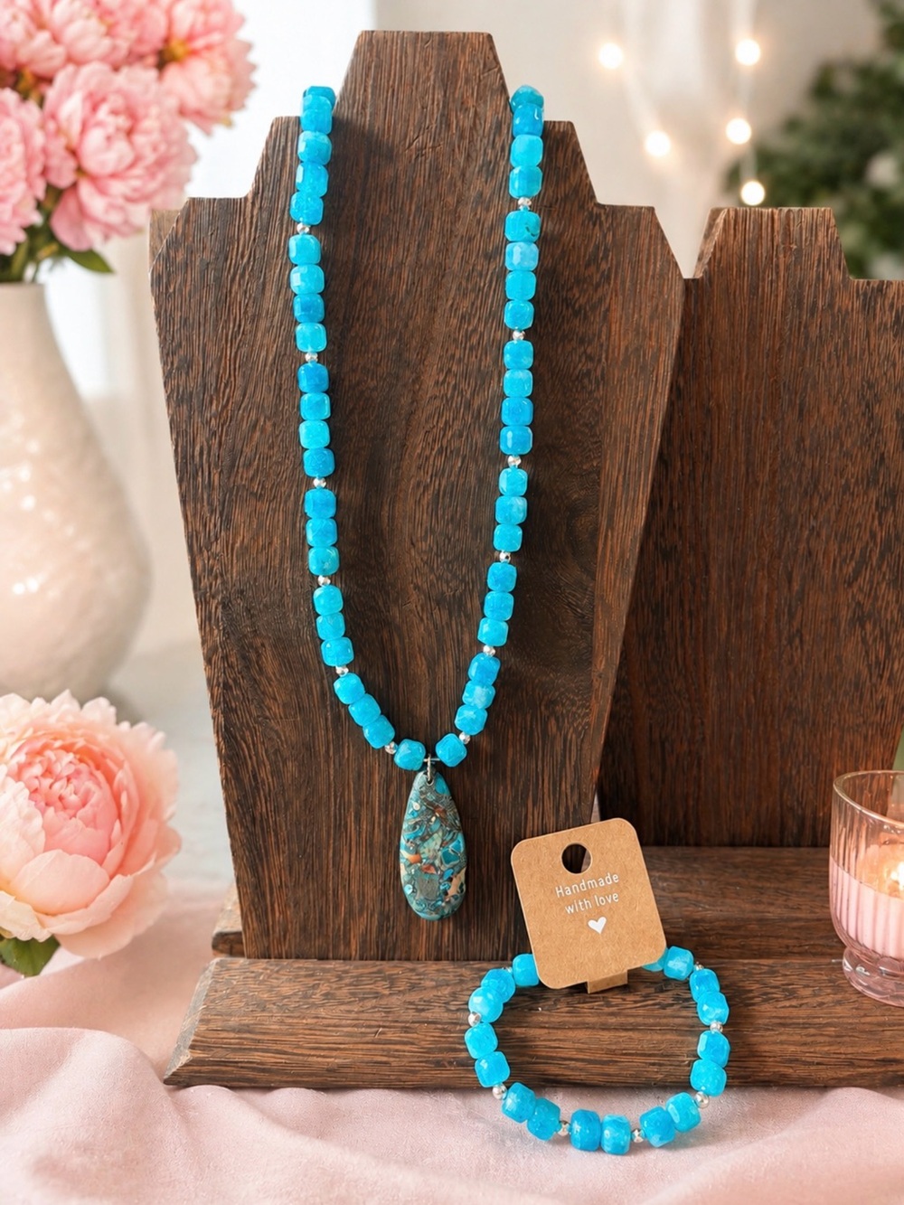 Handmade Amazonite cube Bead Necklace & Bracelet Set with silver accents